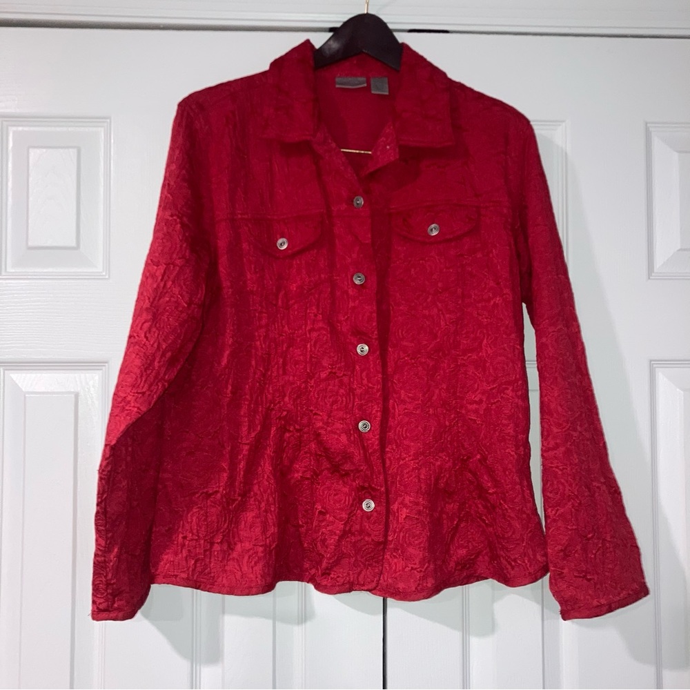 Chico’s Red Flower Embossed Button Up Long Sleeve Collared Blazer Size 2